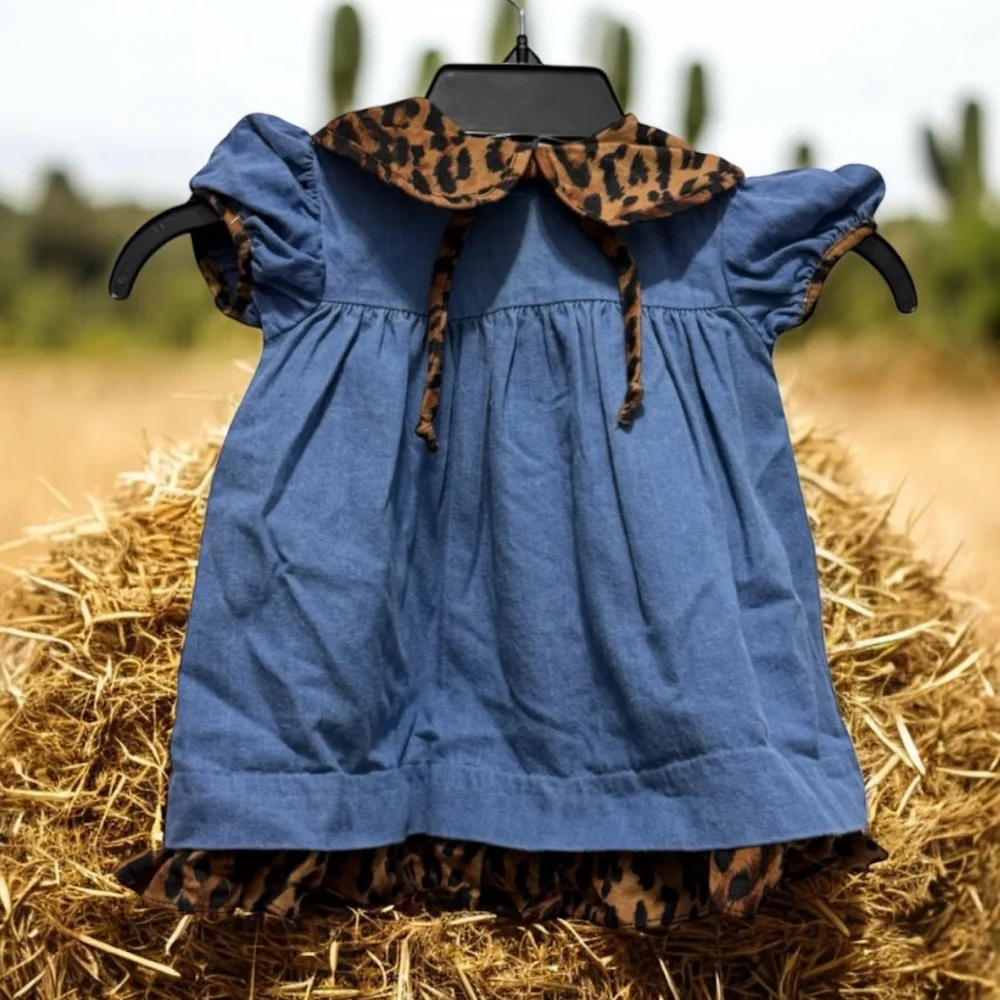 Blue denim Dress with Leopard Print Details size 18 months